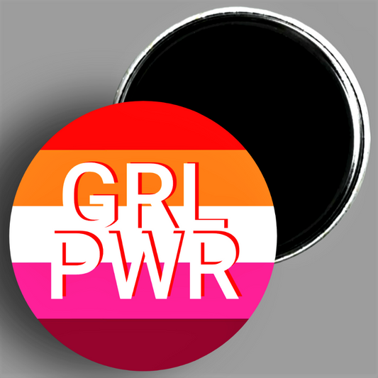 Lesbian Pride GRL PWR Lesbian Pride handcrafted 2.25" round fridge magnet available in AREA51GALLERY New Orleans A Proud LGBTQ Owned Small Business