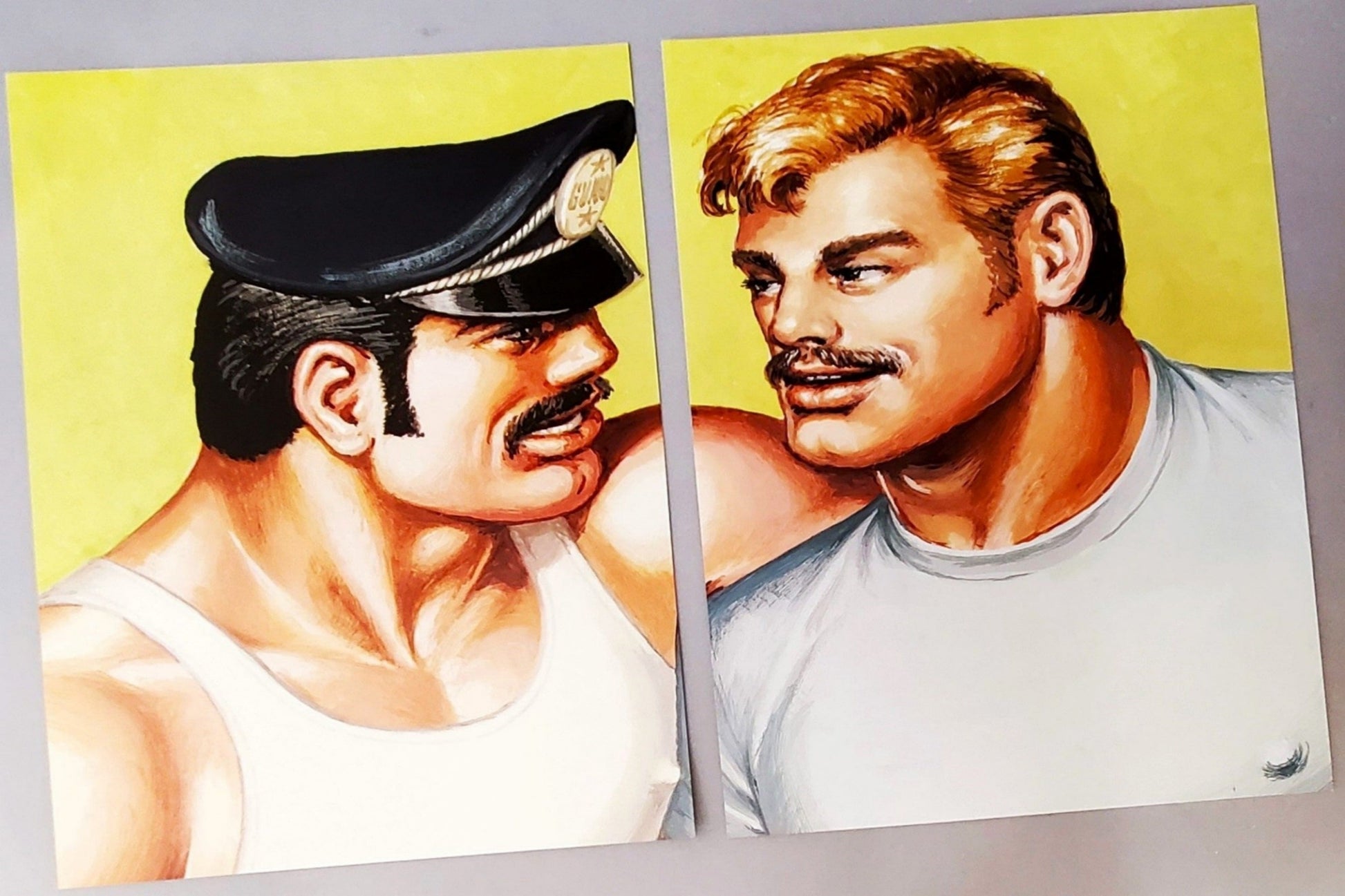 Authentic Two Piece Set Of Tom Of Finland Print Set Two Handsome Men For Sale in AREA51GALLERY New Orleans A Gay Owned Small Business