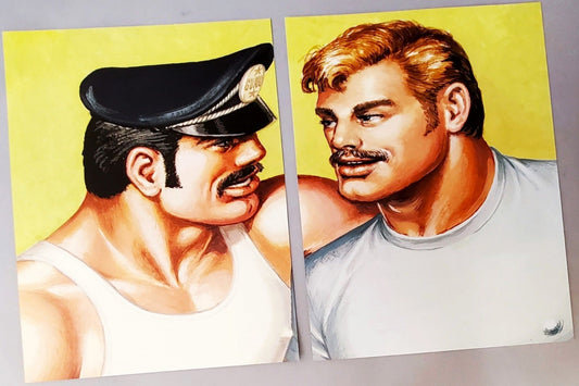 Authentic Two Piece Set Of Tom Of Finland Print Set Two Handsome Men For Sale in AREA51GALLERY New Orleans A Gay Owned Small Business