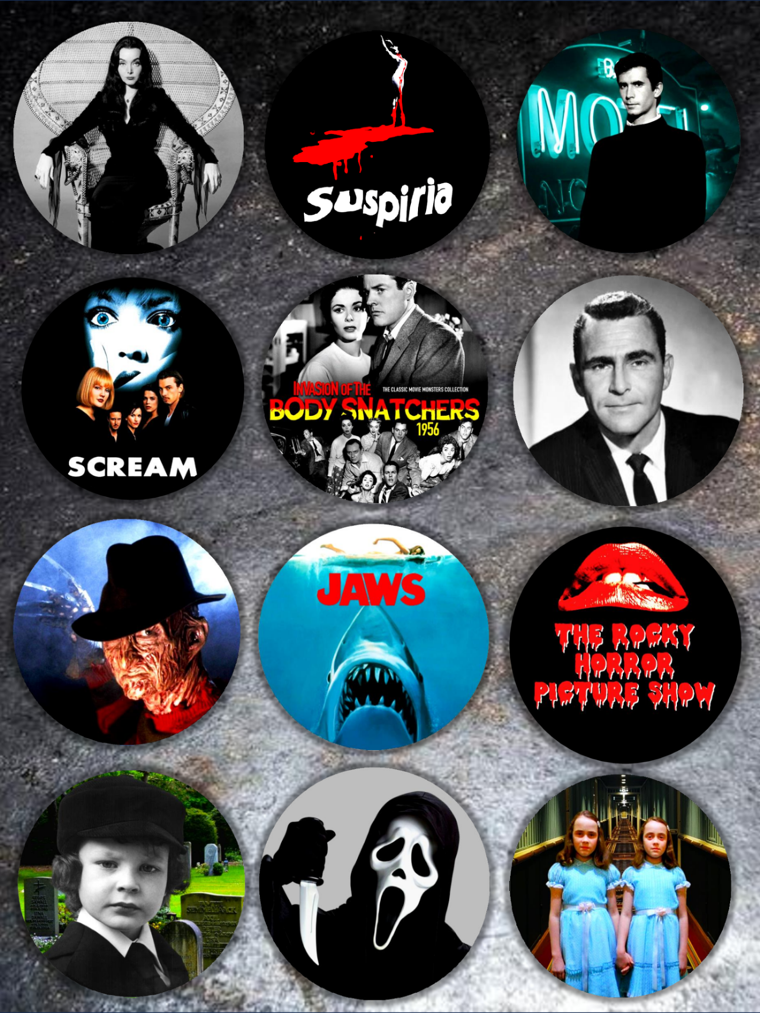 Handmade Custom Horror Legends 2.5" Button Pin Collection For Sale In AREA51GALLERY New Orleans