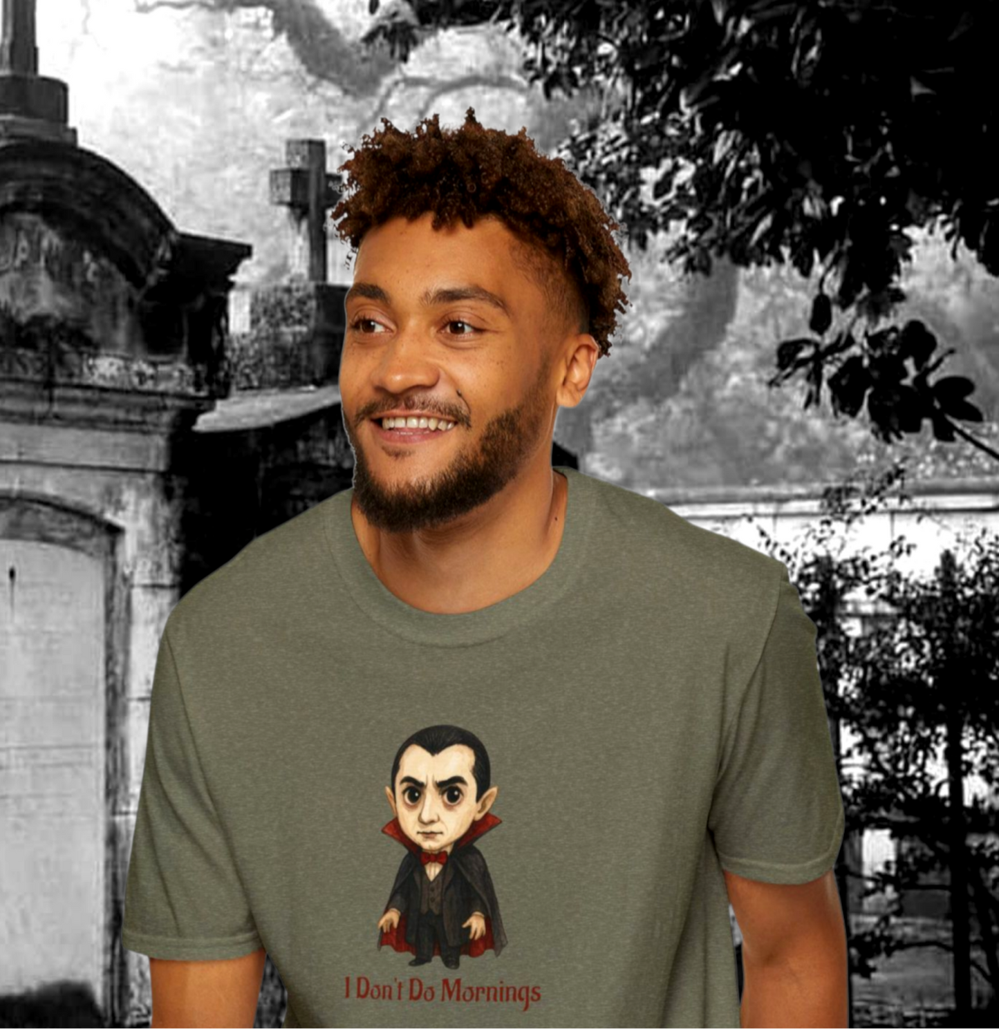 Custom Dracula I Don't Do Mornings Graphic T-Shirt Designed In AREA51GALLERY New Orleans Gift Shop