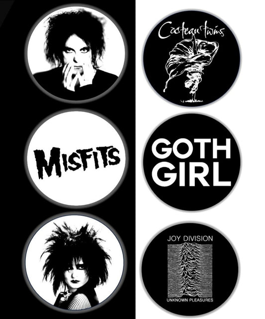 Handmade 80's Goth Rock Button Pin Collection Available For Sale in AREA51GALLERY New Orleans 