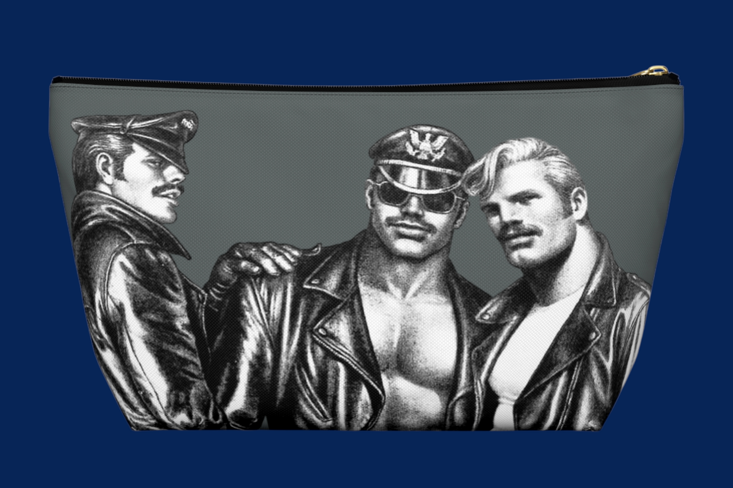Tom of Finland Style Gray Accessory Pouch Personalized Gay Gifts From AREA51GALLERY New Orleans Gift Shop A Gay Owned Small Business.