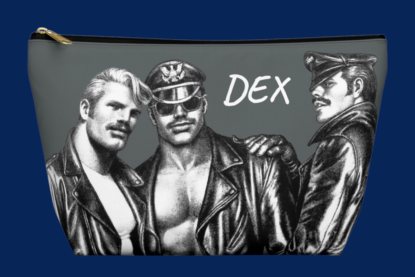 Tom of Finland Style Gray Accessory Pouch Personalized Gay Gifts From AREA51GALLERY New Orleans Gift Shop A Gay Owned Small Business.
