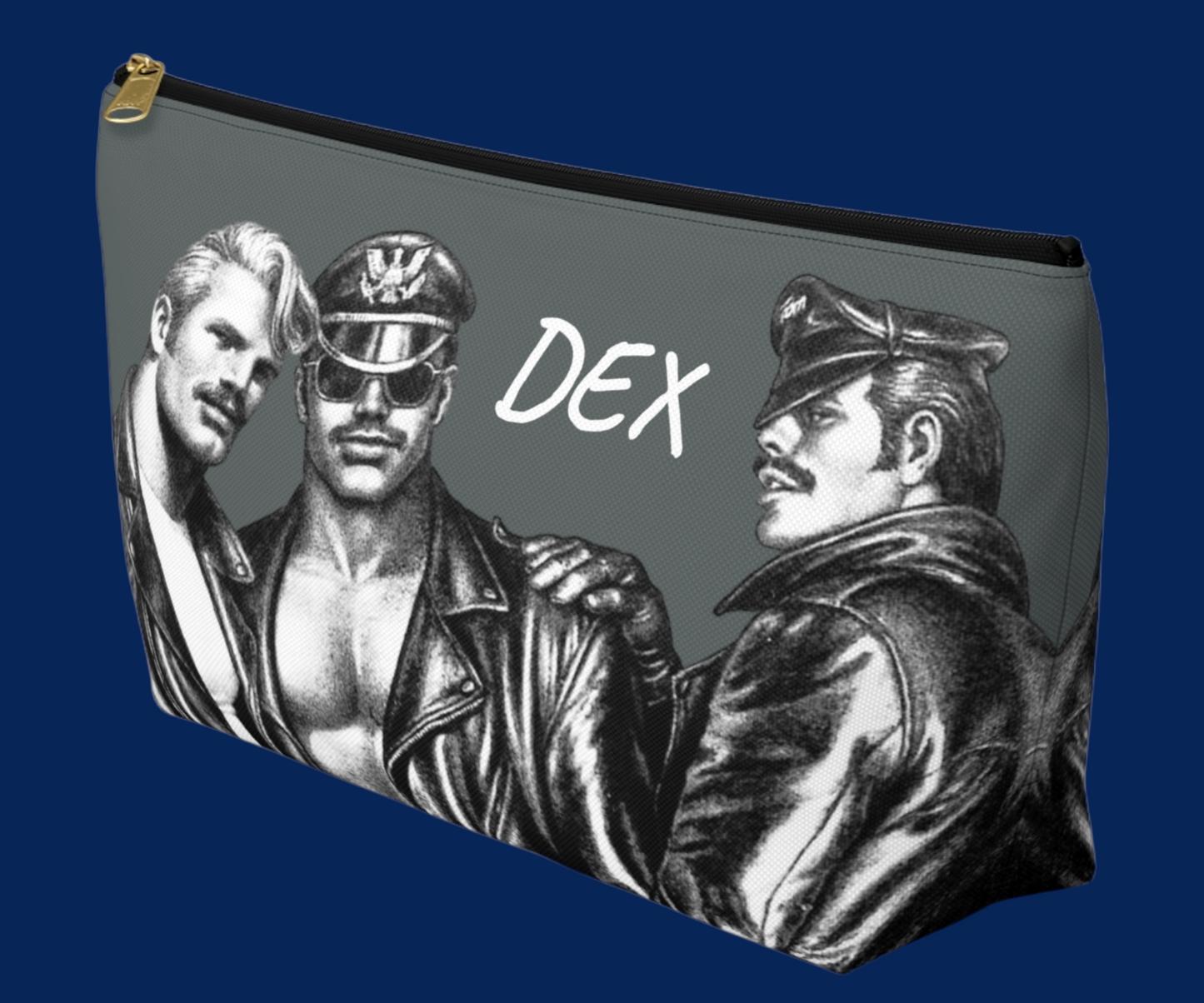 Tom of Finland Style Gray Accessory Pouch Personalized Gay Gifts From AREA51GALLERY New Orleans Gift Shop A Gay Owned Small Business.