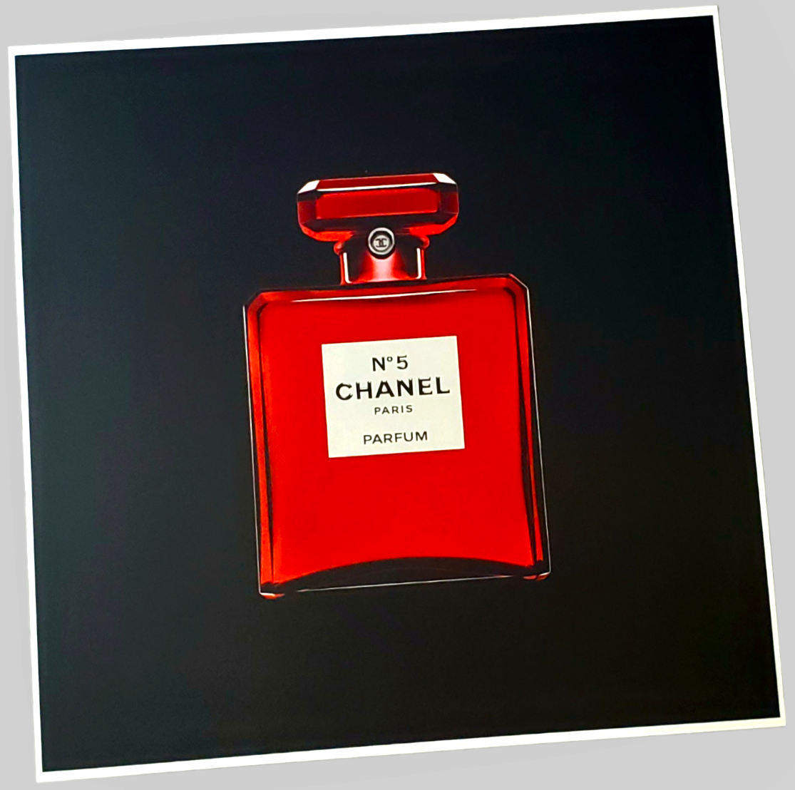 Authentic Chanel No.5 Perfume Print Red Holiday Decor For Sale In AREA51GALLERY New Orleans  
