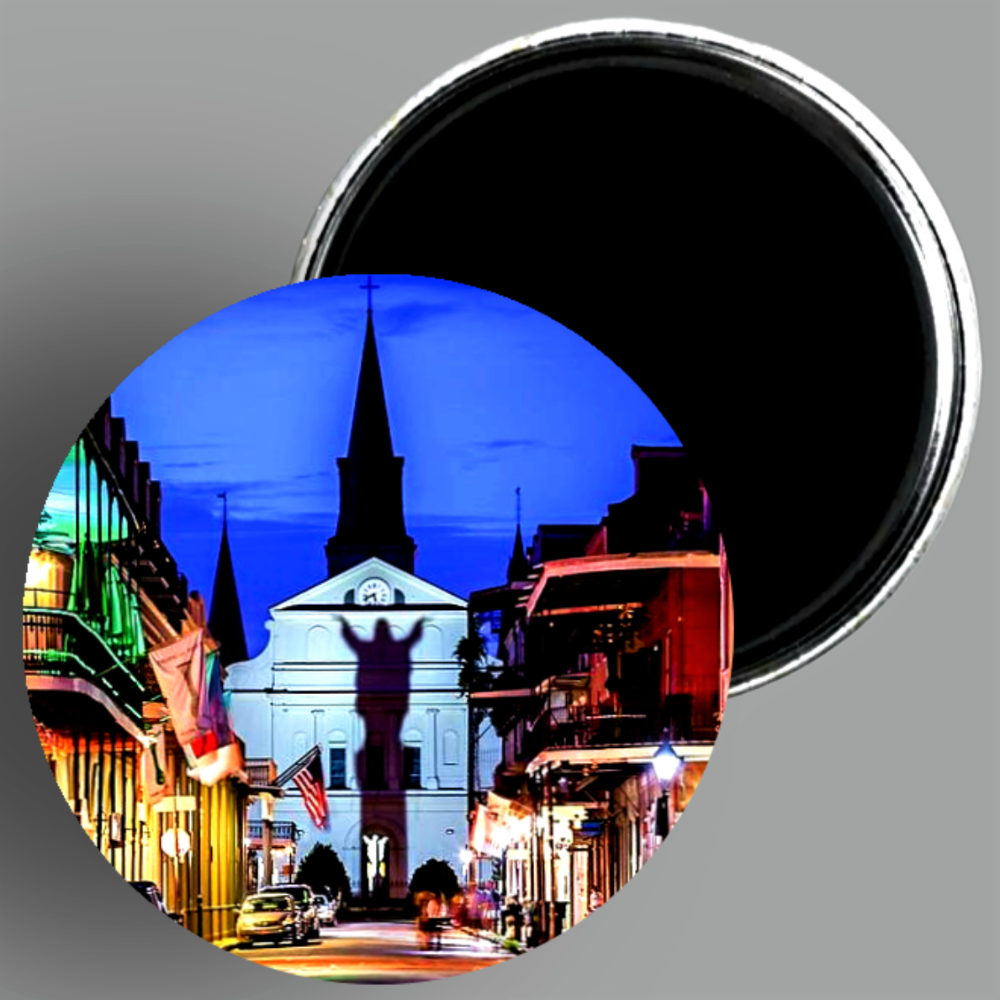 New Orleans Touchdown Jesus handcrafted 2.25" round magnet available in area51gallery