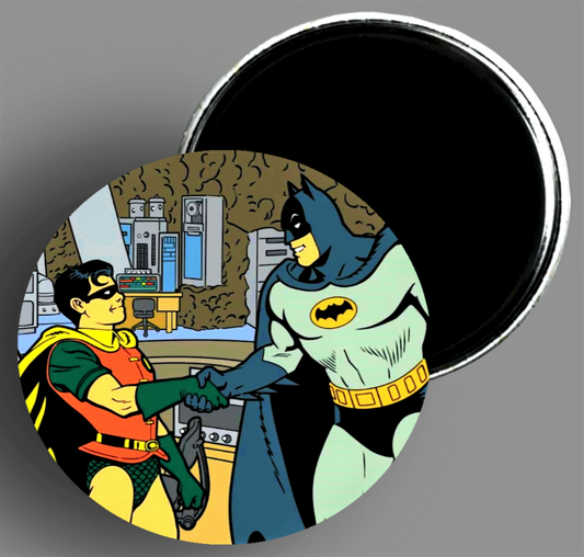 Batman & Robin shaking hands handcrafted 3.5" round magnet by area51gallery