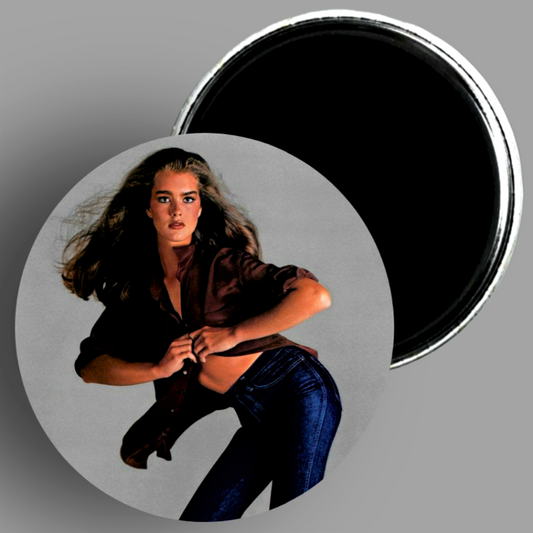 Brooke Shields Calvin Klein Jeans ad handcrafted 2.25" round magnet available in area51gallery