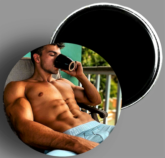 Hot Beefcake Drinking Coffee handcrafted 2.25" round fridge magnet available in area51gallery