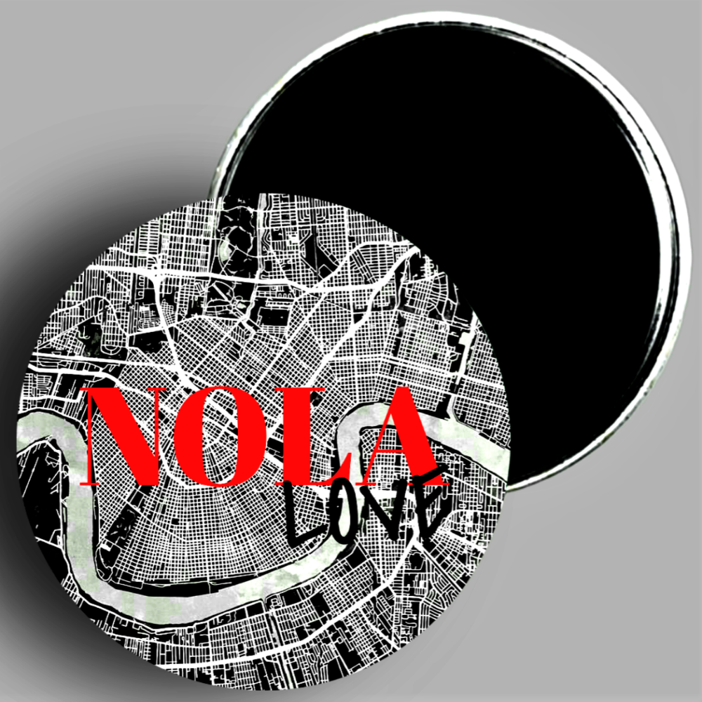 NOLA LOVE City Map handcrafted 2.25" round fridge magnet available in area51gallery