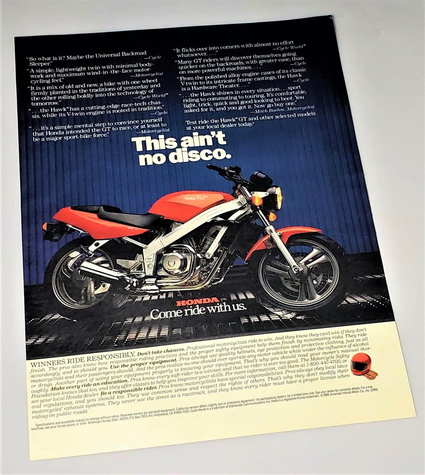 Vintage 1989 Honda Motorcycle Advertisement Interview Magazine