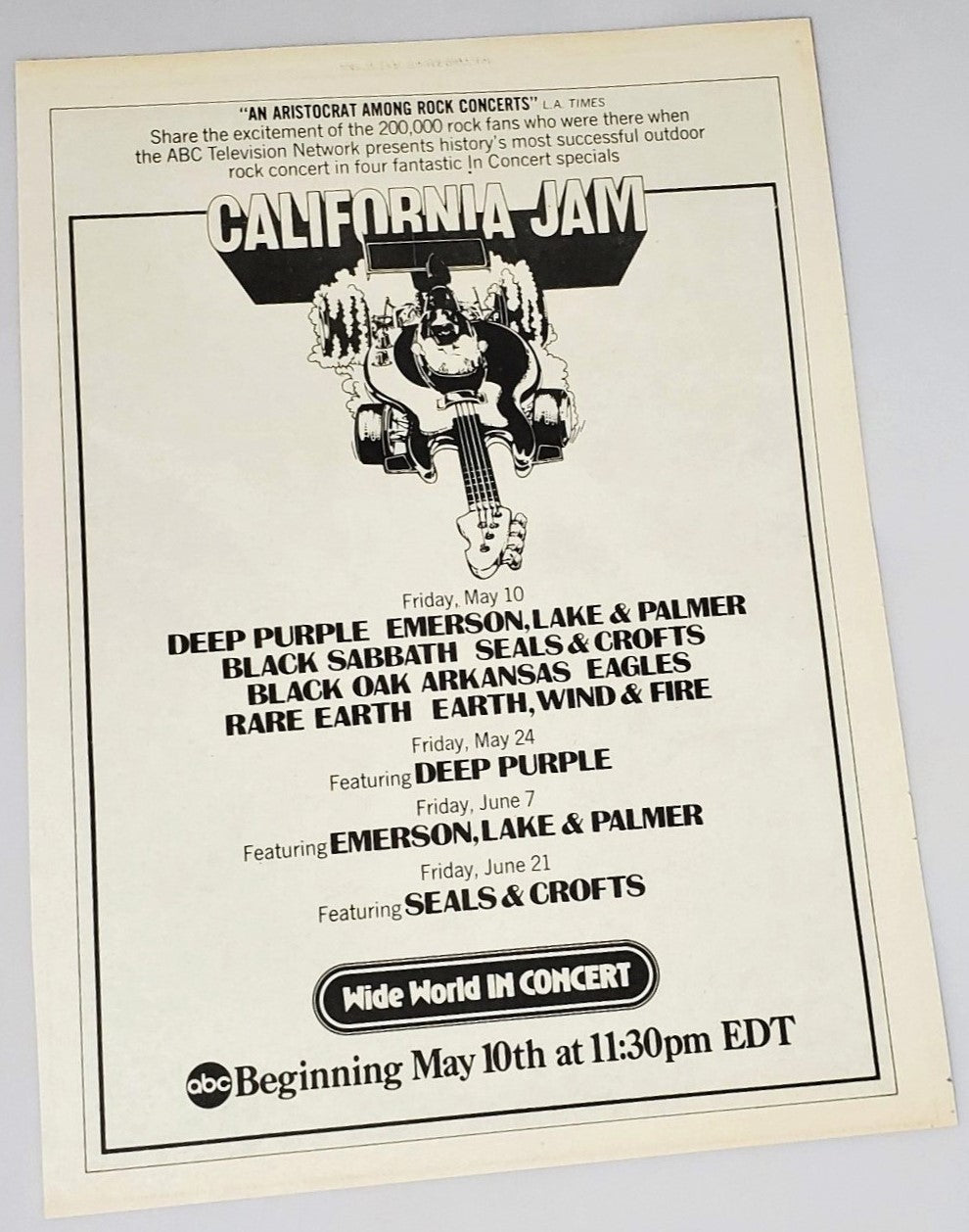 Original 1974 California Jam concert advertisement featured in Rolling Stone magazine