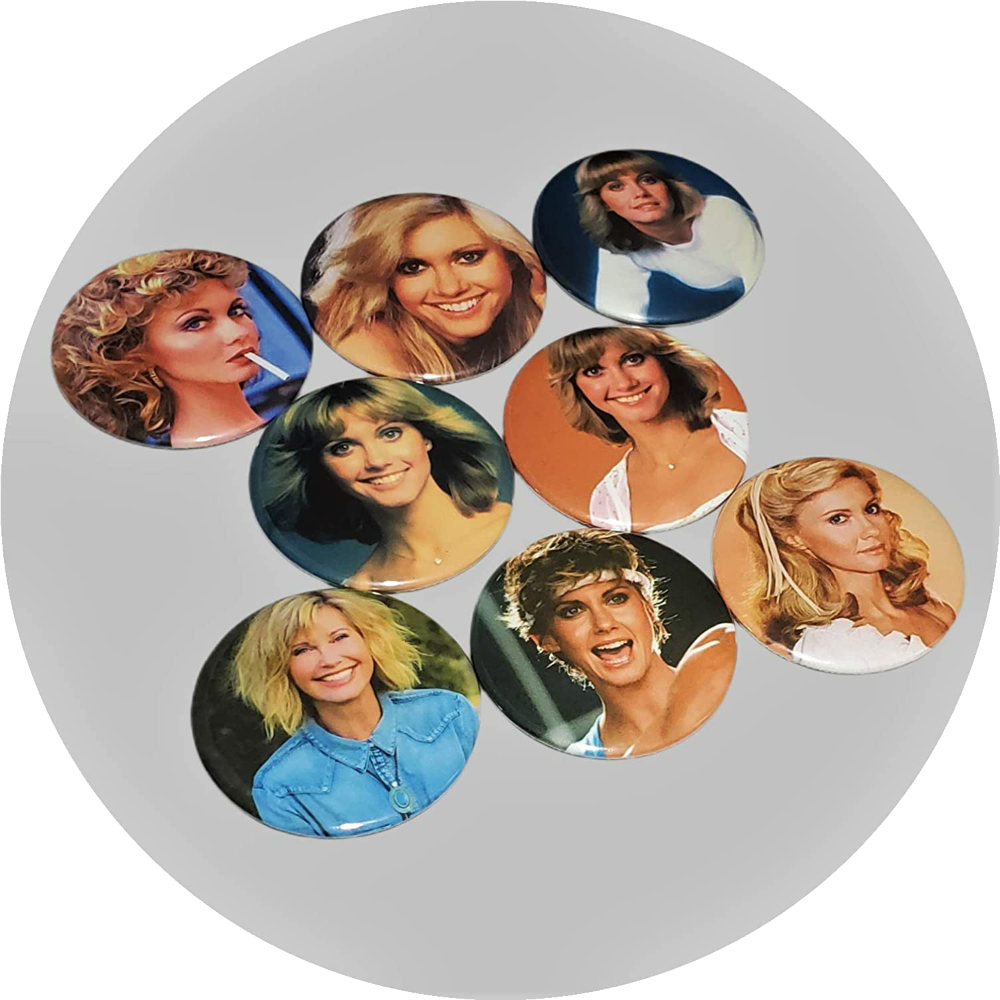 Olivia Newton John handcrafted 8PC 2.25" round button pin collection 