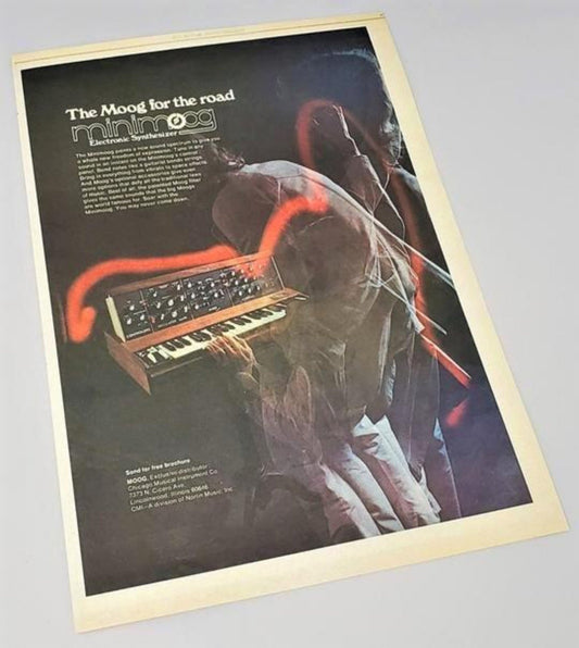 Original 1974 Minimoog analog synthesizer ad page featured in Rolling Stone magazine